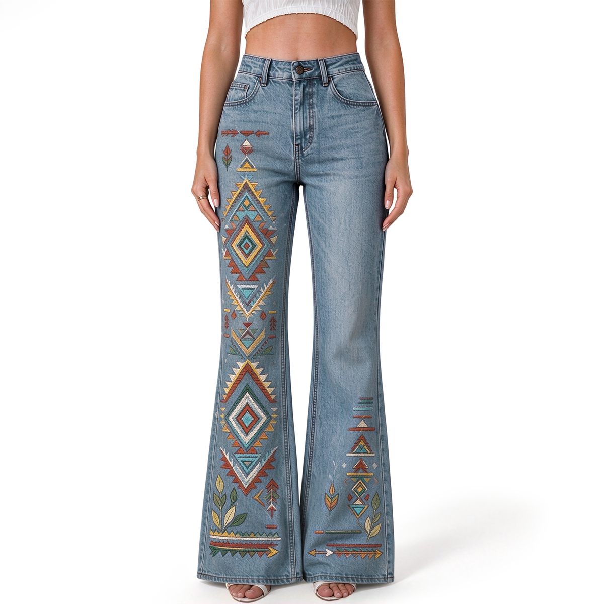 "Aztec Tribal Diamond Geometric Leaf" FLARE JEANS