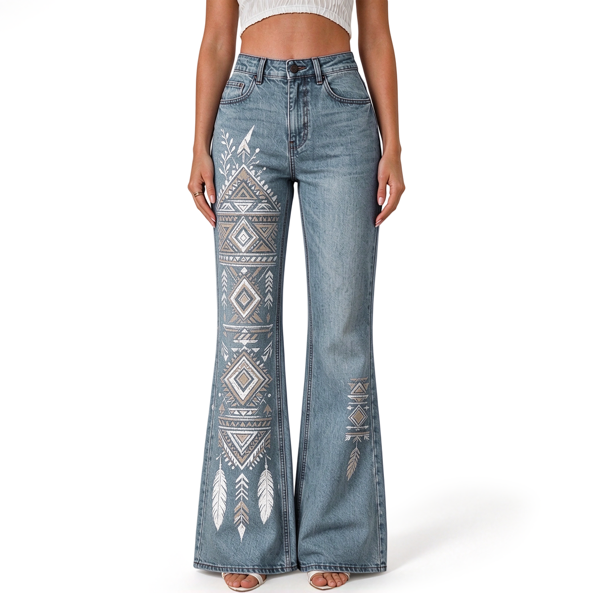 "Bohemian Aztec Feather Triangle" FLARE JEANS