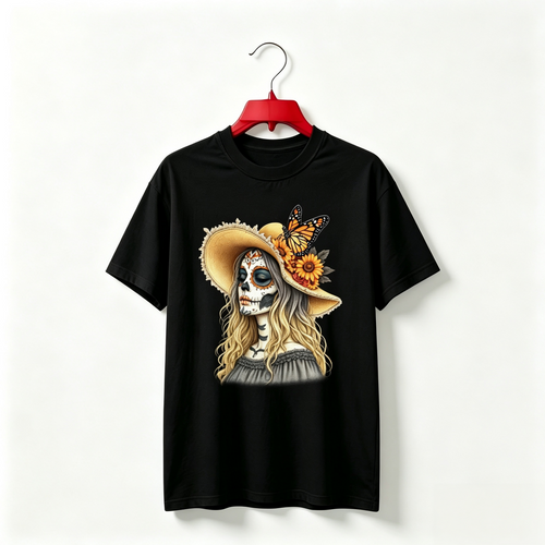 "Boho Sugar Skull Woman, Floral Day of the Dead Butterfly Graphic" TEE