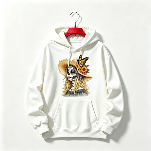 "Boho Sugar Skull Woman, Floral Day of the Dead Butterfly Graphic" HOODIE