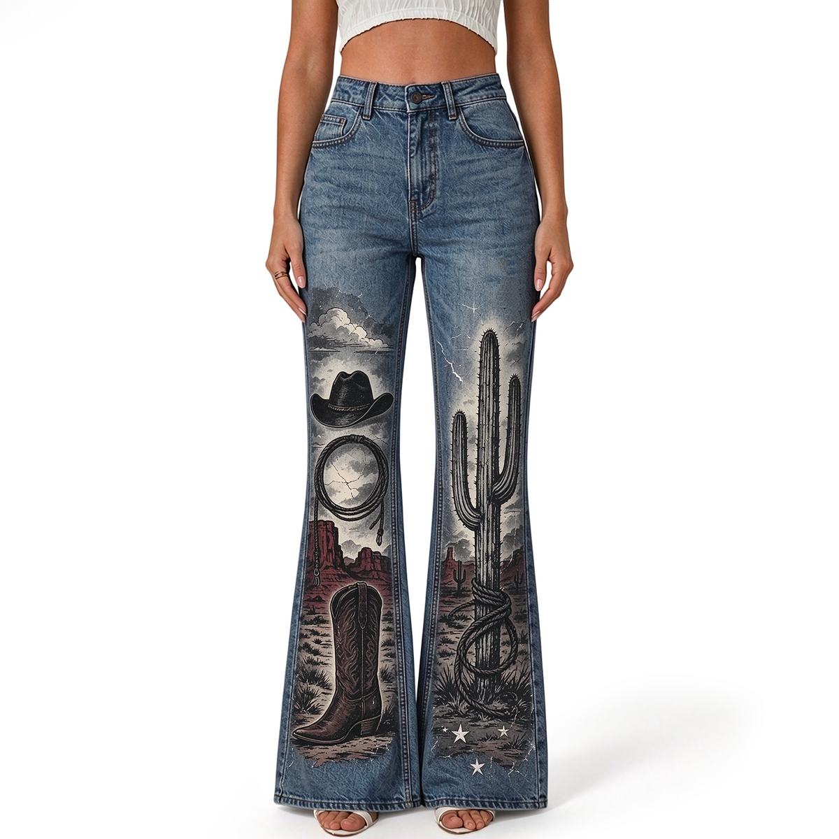 "Cactus Cowboy Hat Boot Lasso Desert" FLARE JEANS
