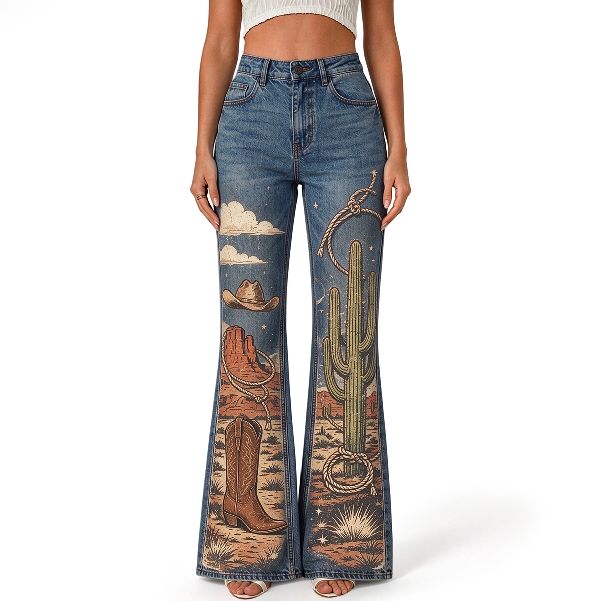 "Cactus Mesa Cowboy Hat Boot Lasso Cloud" FLARE JEANS