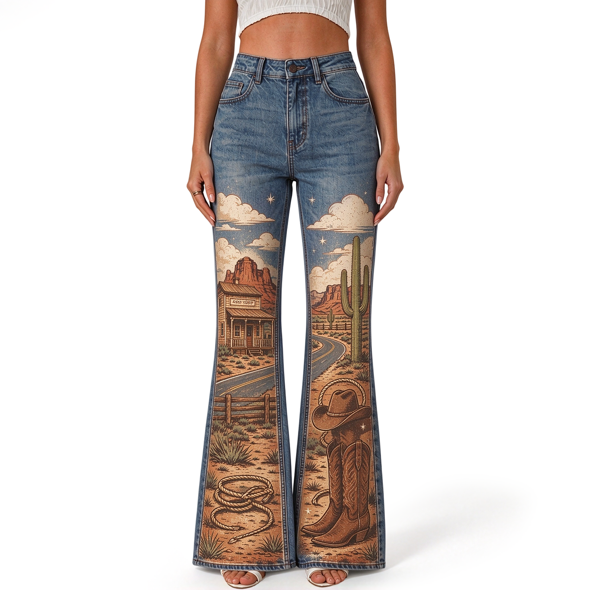 "Desert Cabin Highway Cactus Cowboy Boot Hat" FLARE JEANS