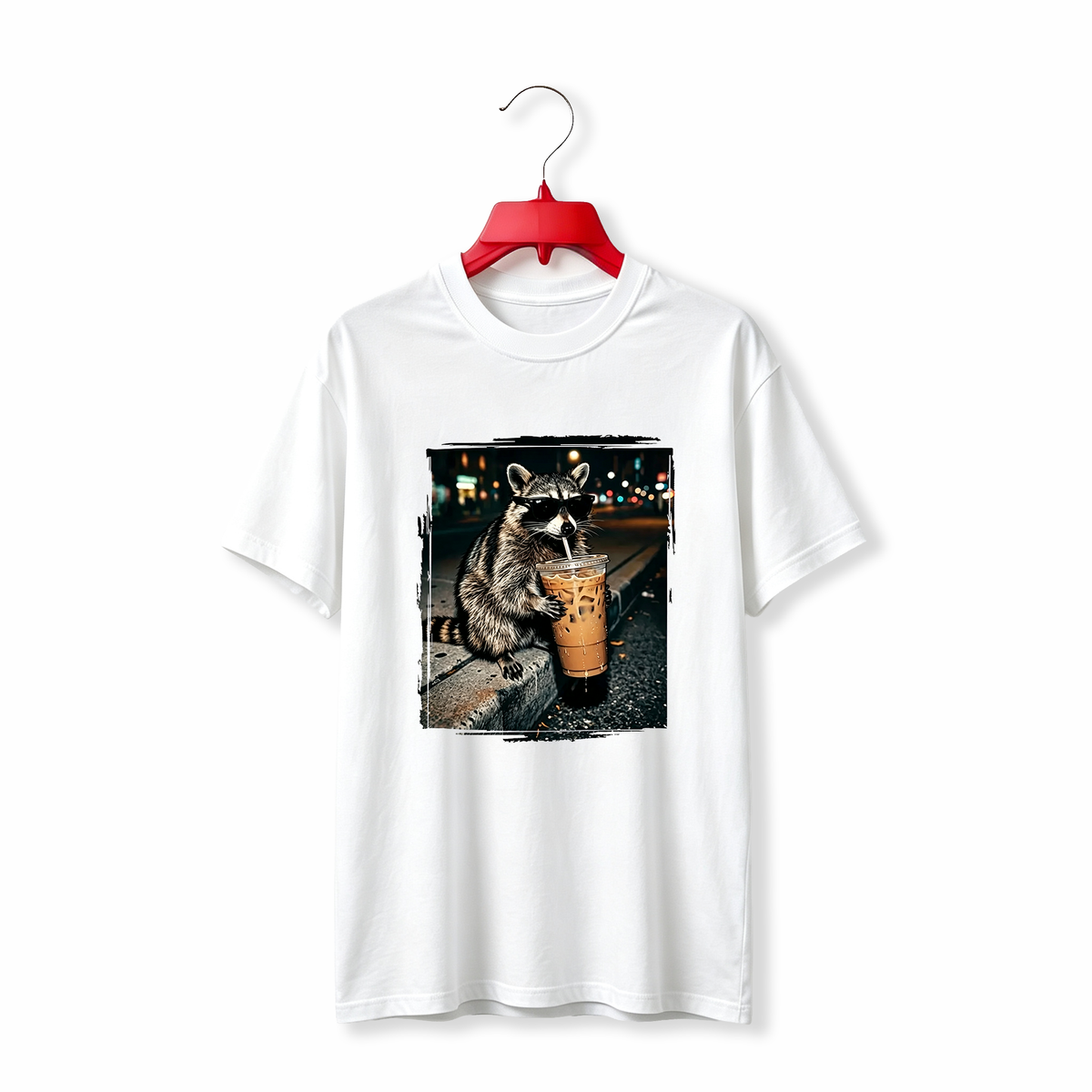 "Funny Raccoon Drinking Iced Coffee" TEE