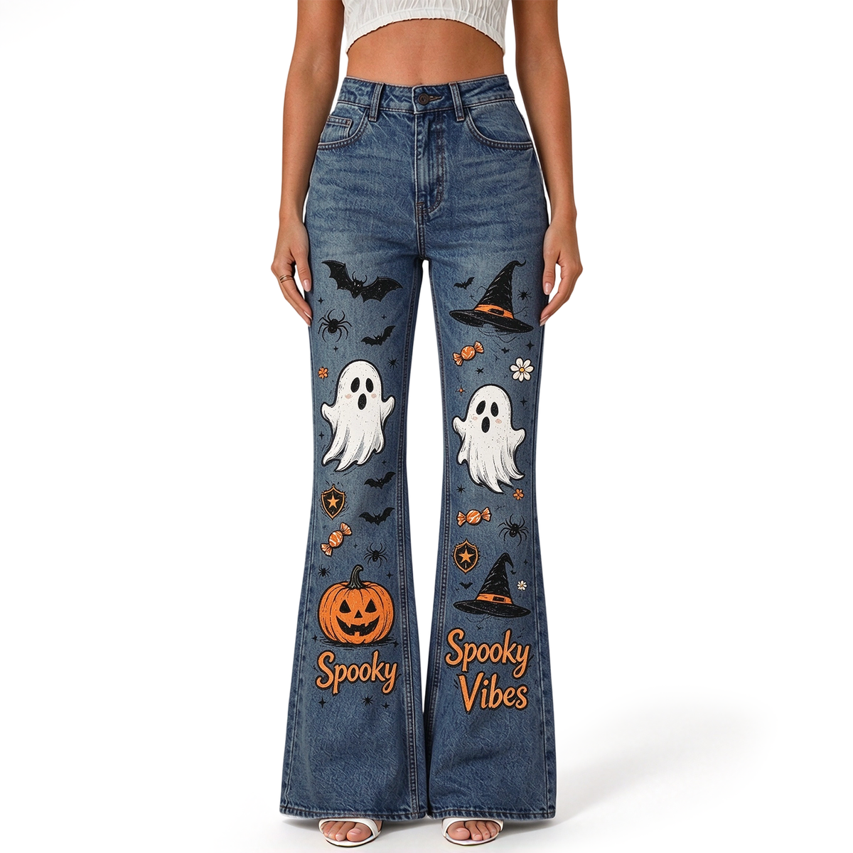 "Ghost Pumpkin Witch Hat Bat Spider Candy Flower" FLARE JEANS