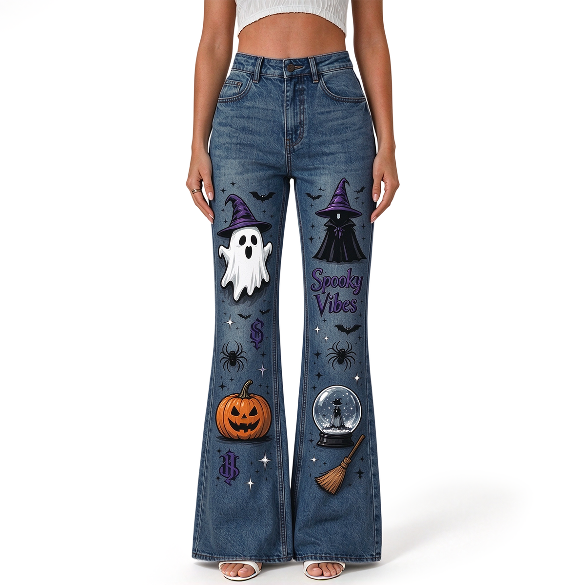 "Ghost Pumpkin Witch Hat Bat Spider Crystal Ball Broom" FLARE JEANS