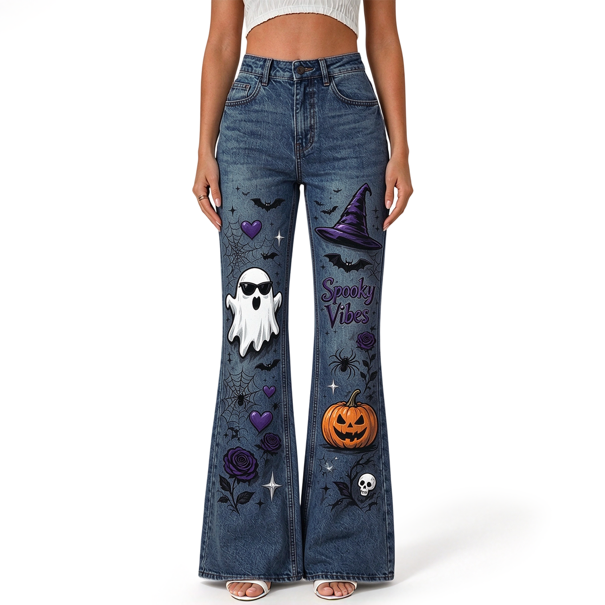 "Ghost Pumpkin Witch Hat Bat Spider Rose Skull Heart" FLARE JEANS