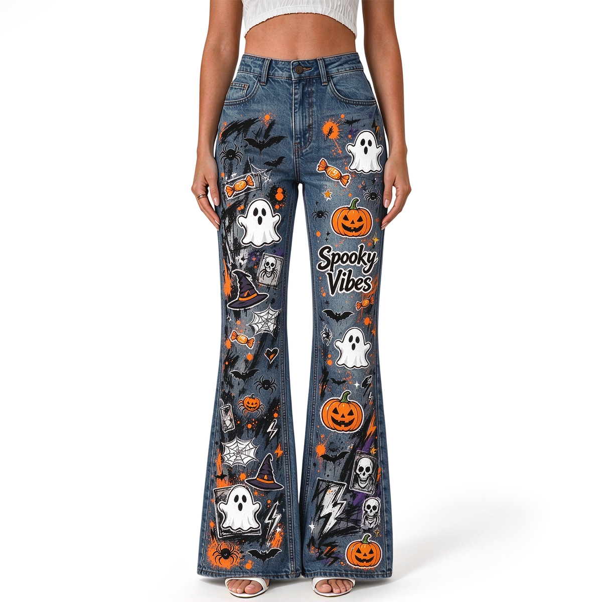 "Ghost Pumpkin Witch Hat Bat Spider Skull Candy" FLARE JEANS