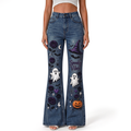 "Ghost Pumpkin Witch Hat Purple Rose Bat Moon Skull" FLARE JEANS