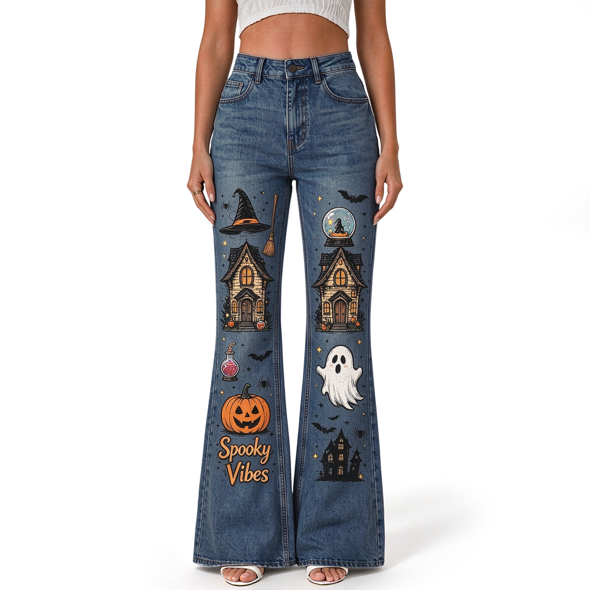 "Haunted House Jack-o-Lantern Ghost Witch Hat Crystal Ball" FLARE JEANS