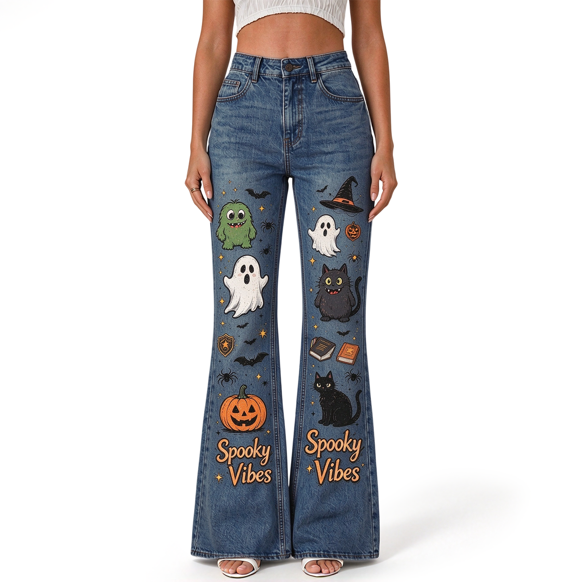 "Monster Ghost Pumpkin Black Cat Bat Witch Hat Book" FLARE JEANS