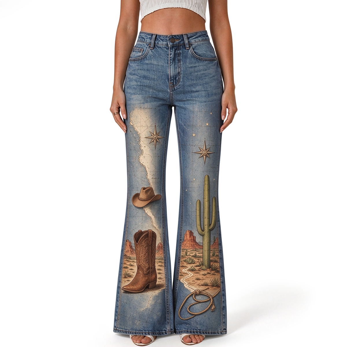"Star Map Cactus Cowboy Boot Hat Desert" FLARE JEANS