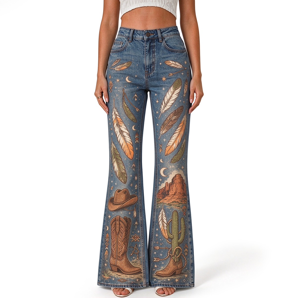"Tribal Feather Cowboy Boot Cactus Crescent Moon" FLARE JEANS