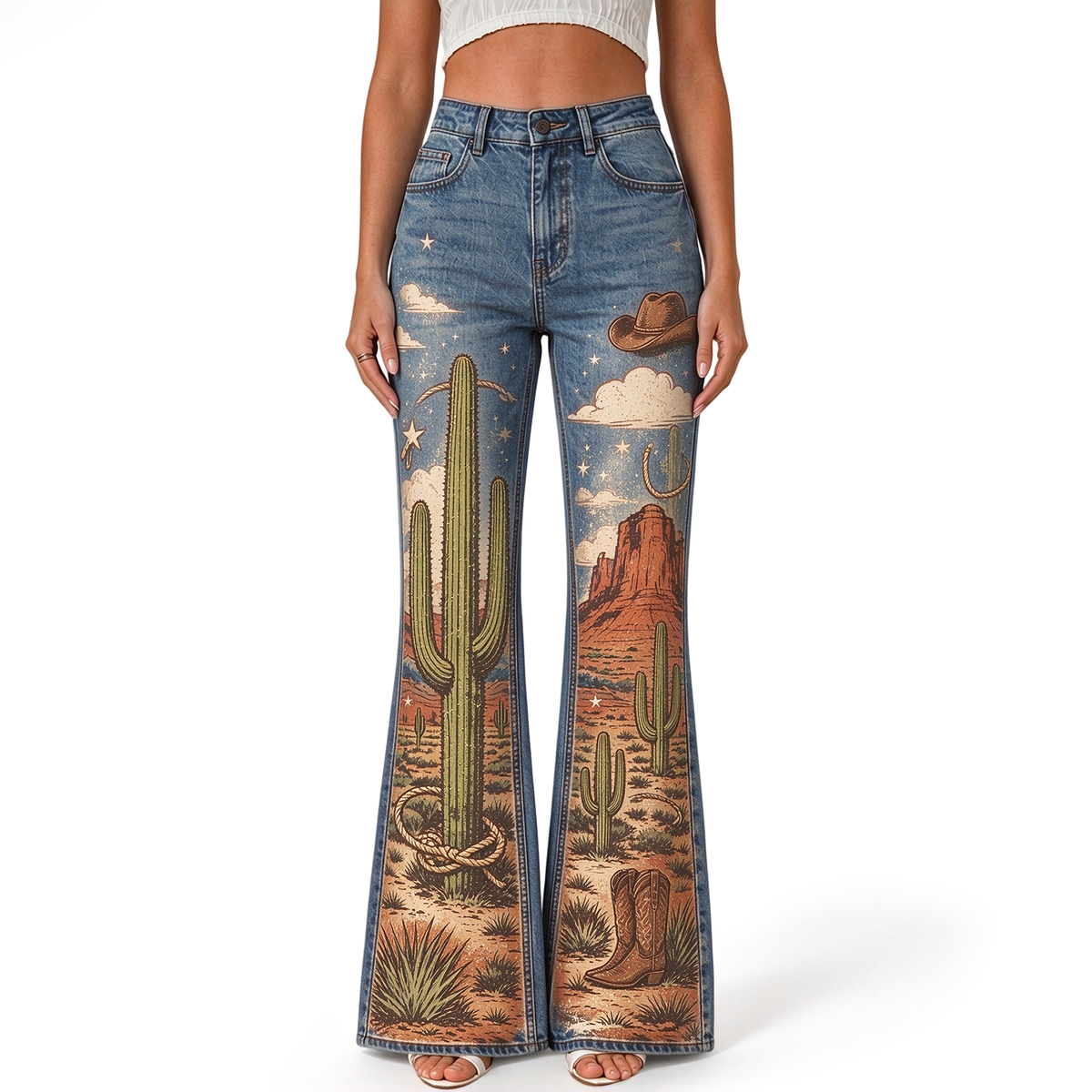 "Western Mesa Cactus Cowboy Boot Cloud" FLARE JEANS