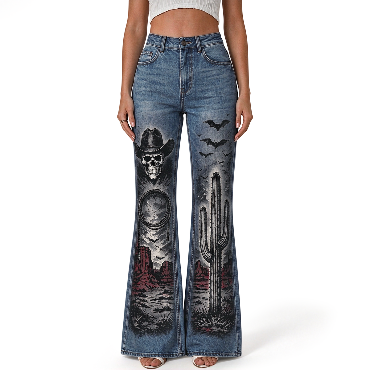 "Western Skull Bat Cactus Rope Canyon" FLARE JEANS