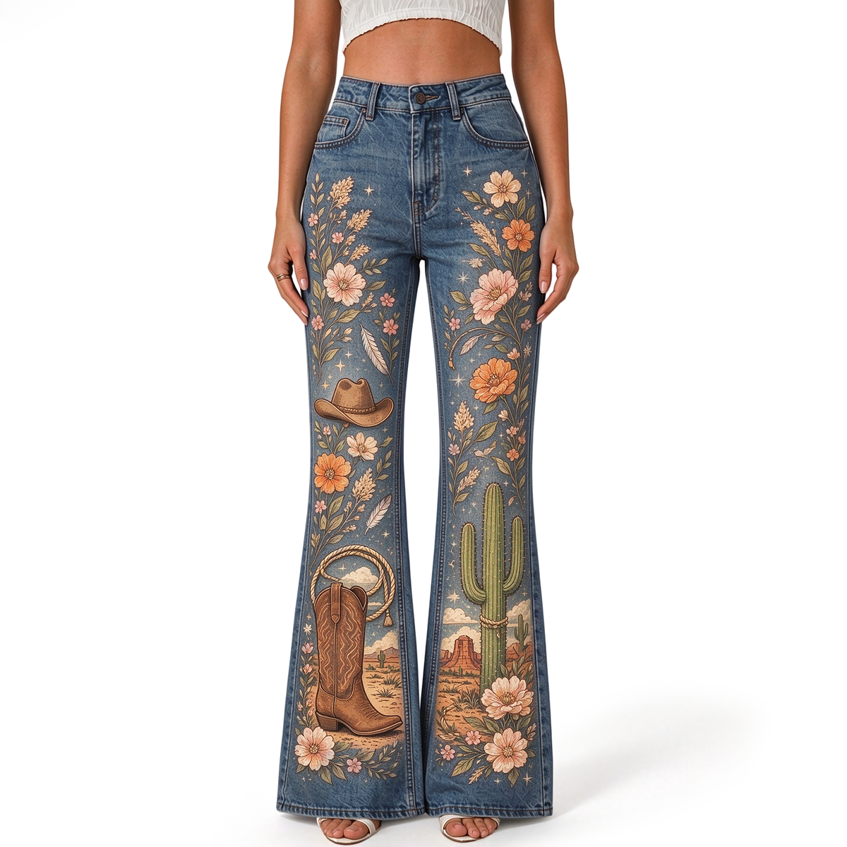 "Wildflower Cactus Cowboy Hat Boot Feather" FLARE JEANS